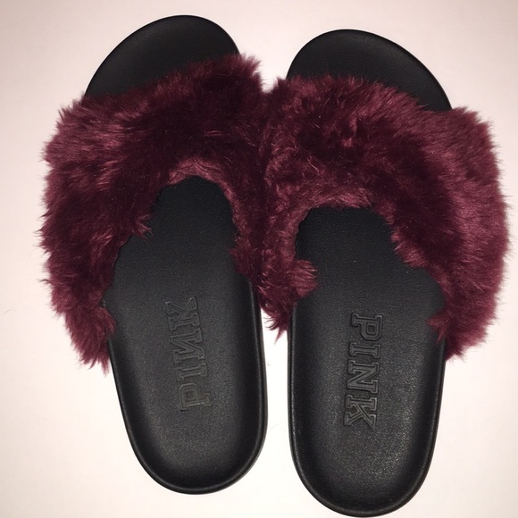 PINK Victoria’s Secret burgundy fuzzy slides - Picture 2 of 8